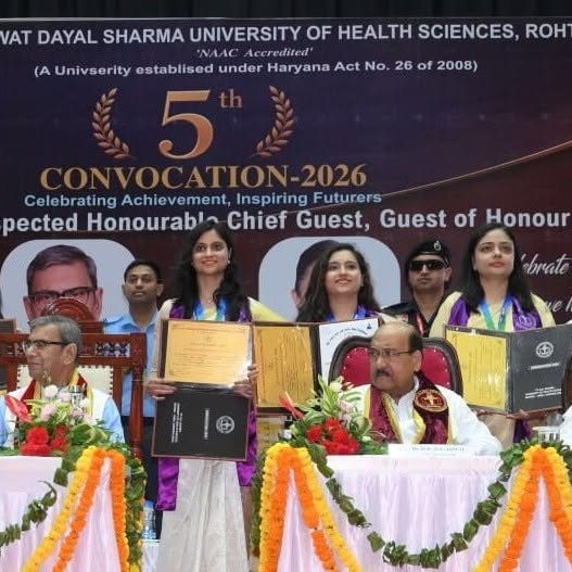 Advanced Educational Institutions proudly congratulate Ms. Lovely, M. Pharmacy (Regulatory Affairs), Batch 2022–2024, for receiving the Gold Medal at the 5th Convocation Ceremony of Pandit Bhagwat Dayal Sharma University of Health Sciences, Rohtak, held on 23rd May 2026.